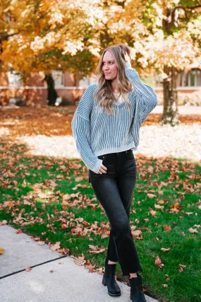 In Between V-Neck Knit Striped Sweater - Blue