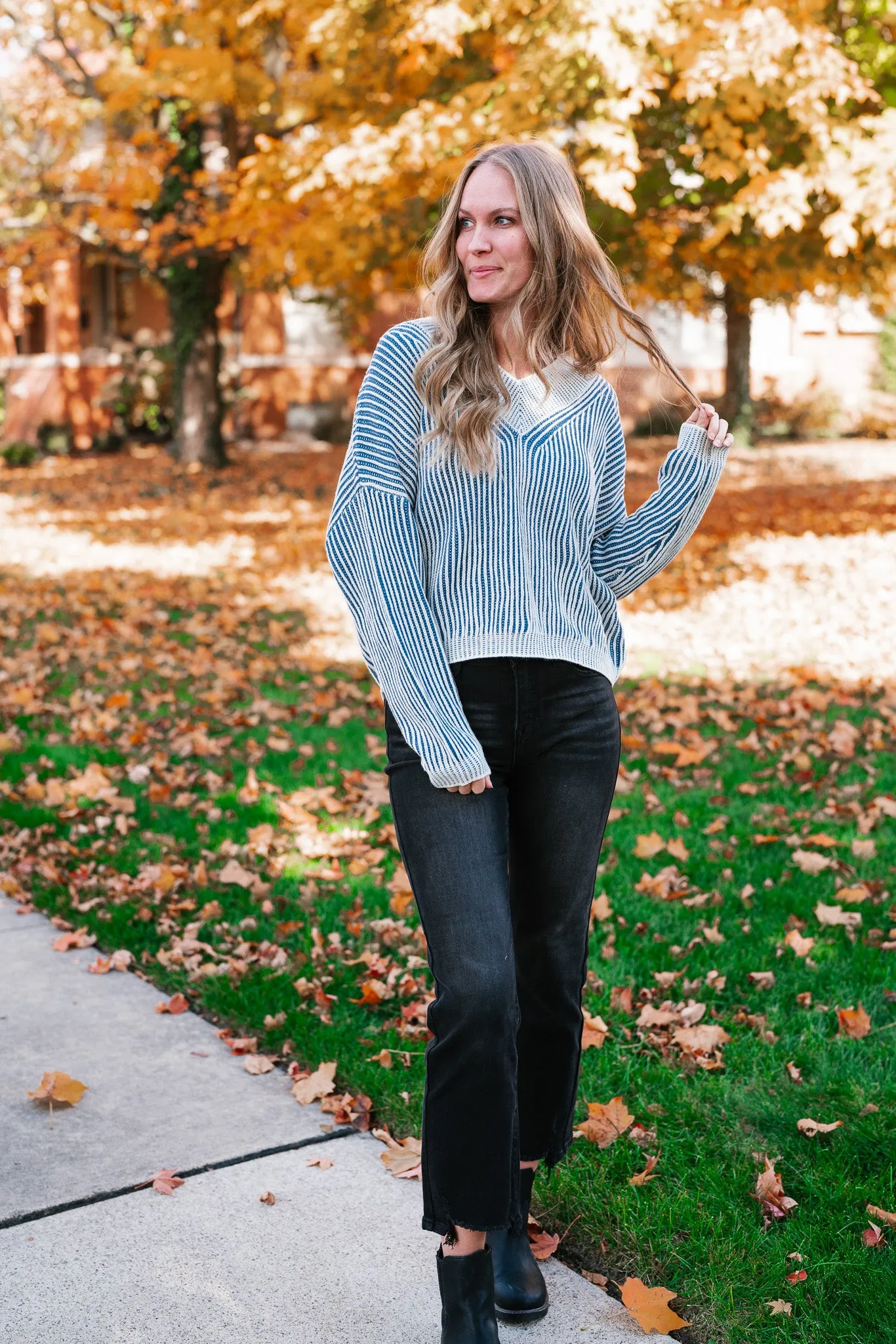 In Between V-Neck Knit Striped Sweater - Blue