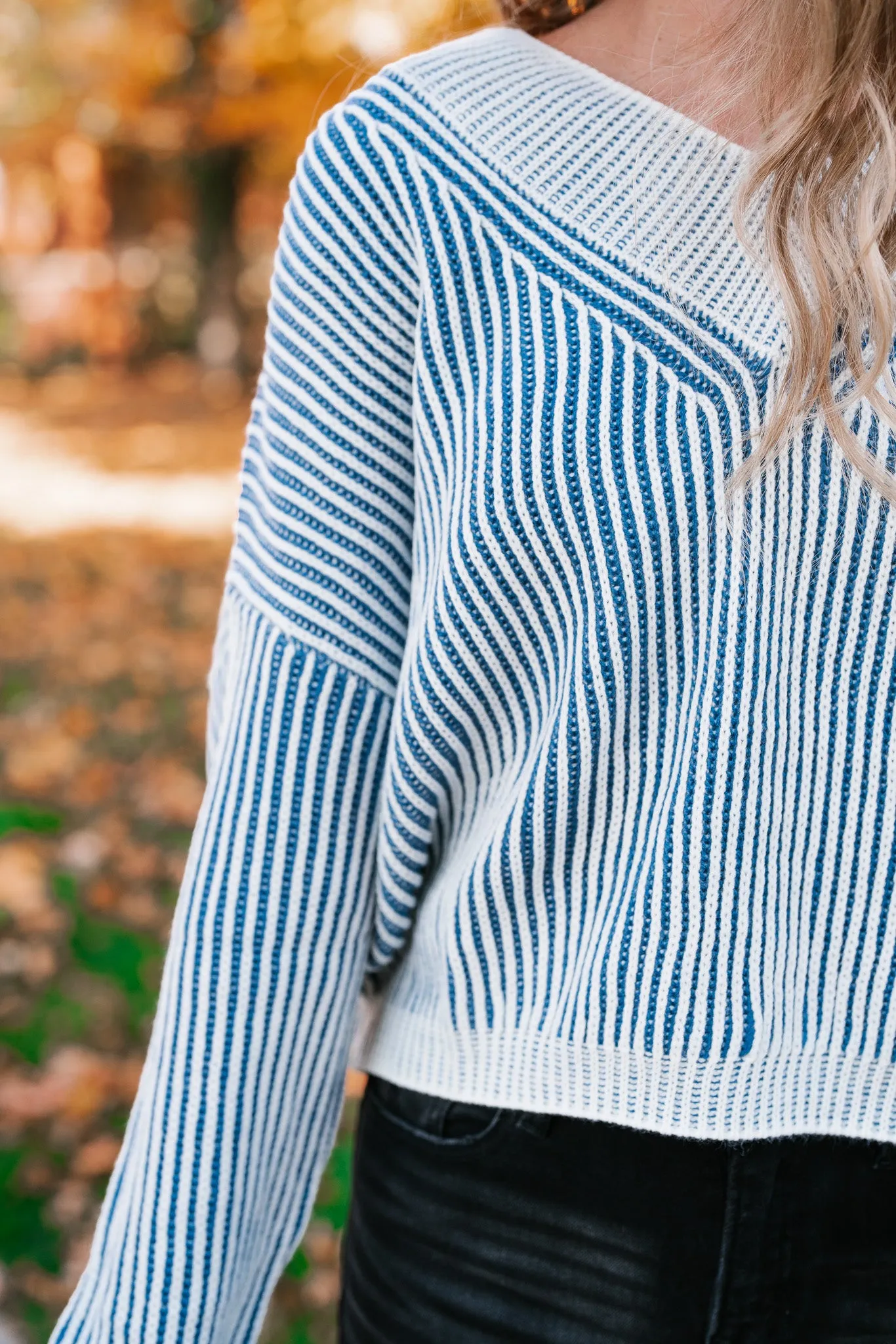 In Between V-Neck Knit Striped Sweater - Blue