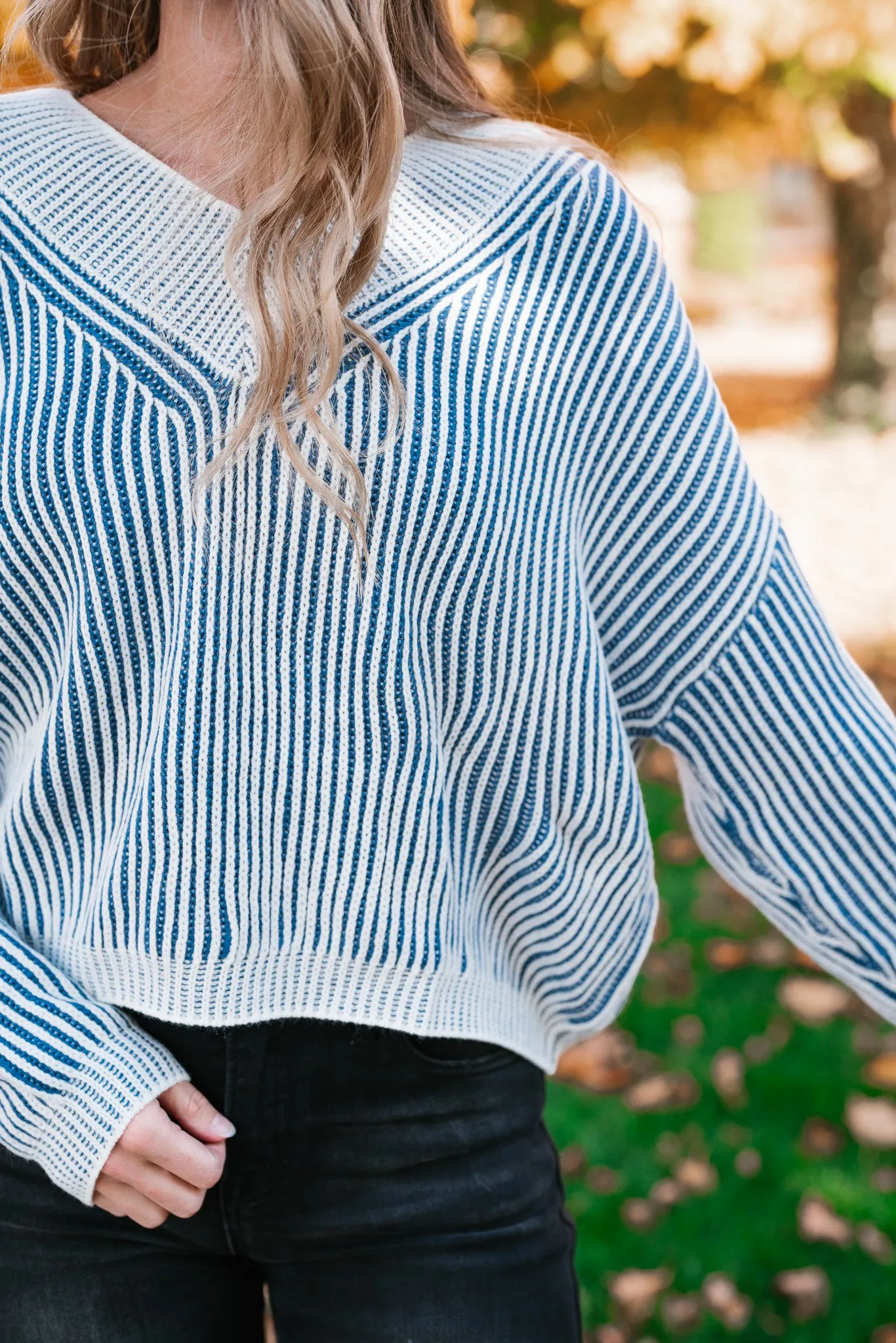 In Between V-Neck Knit Striped Sweater - Blue