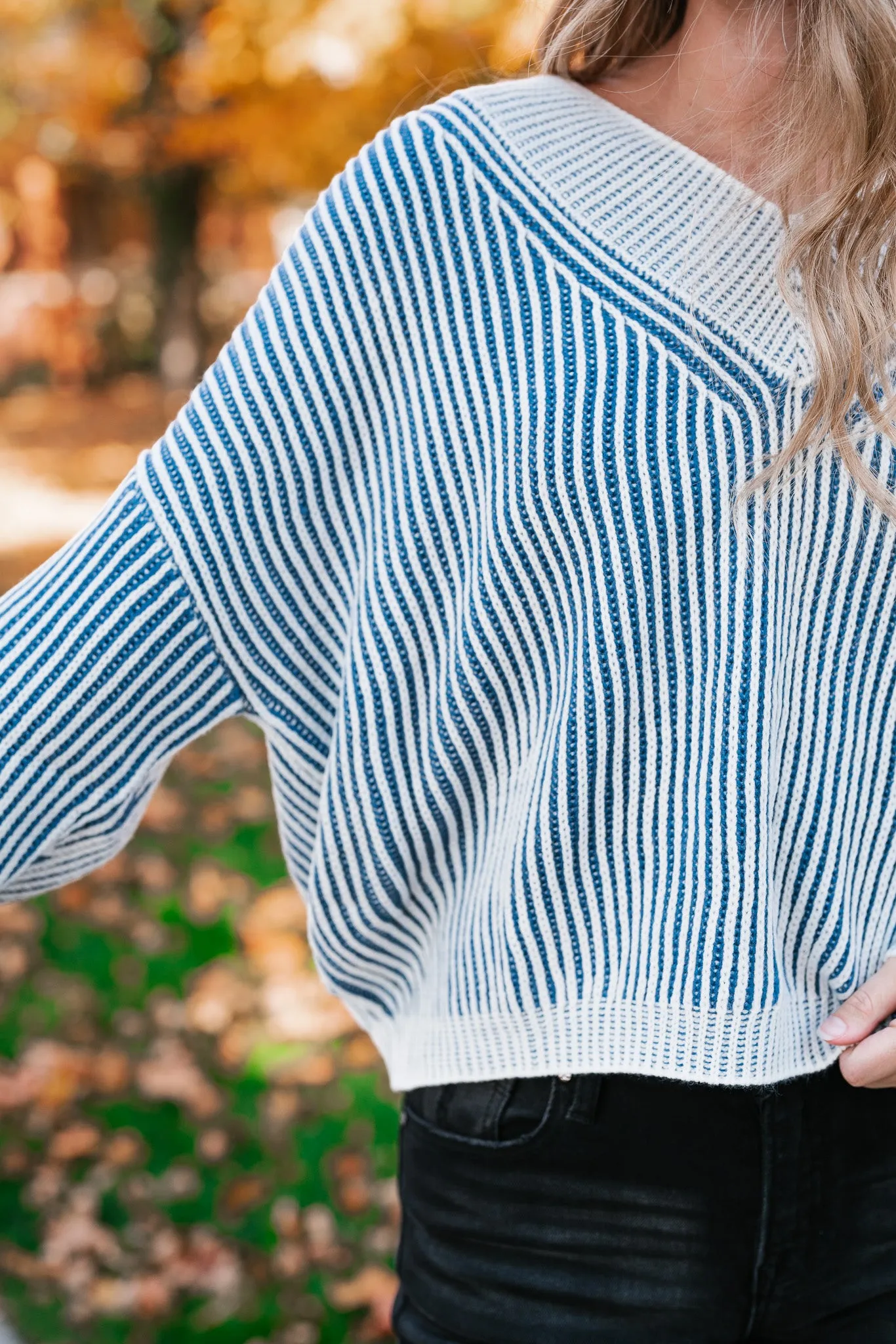 In Between V-Neck Knit Striped Sweater - Blue