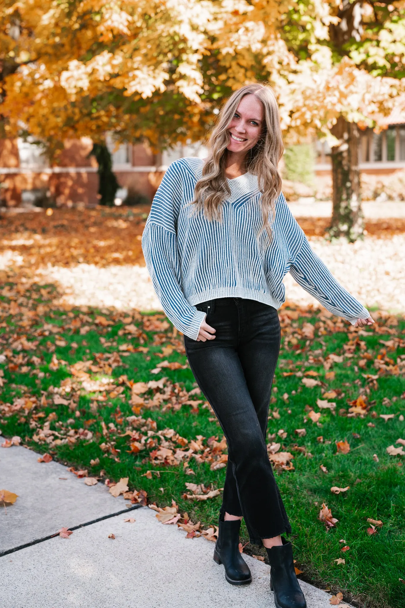 In Between V-Neck Knit Striped Sweater - Blue