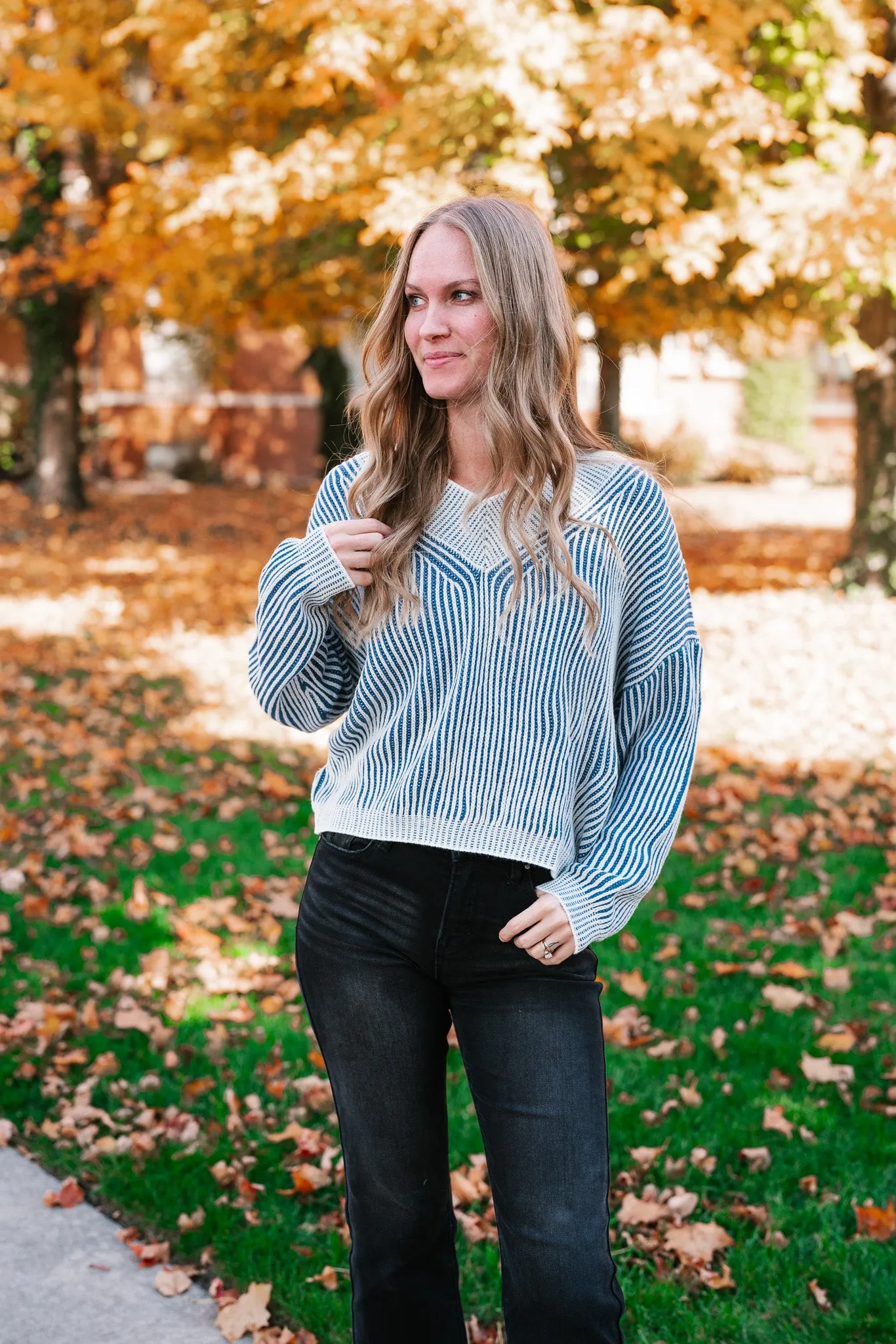 In Between V-Neck Knit Striped Sweater - Blue
