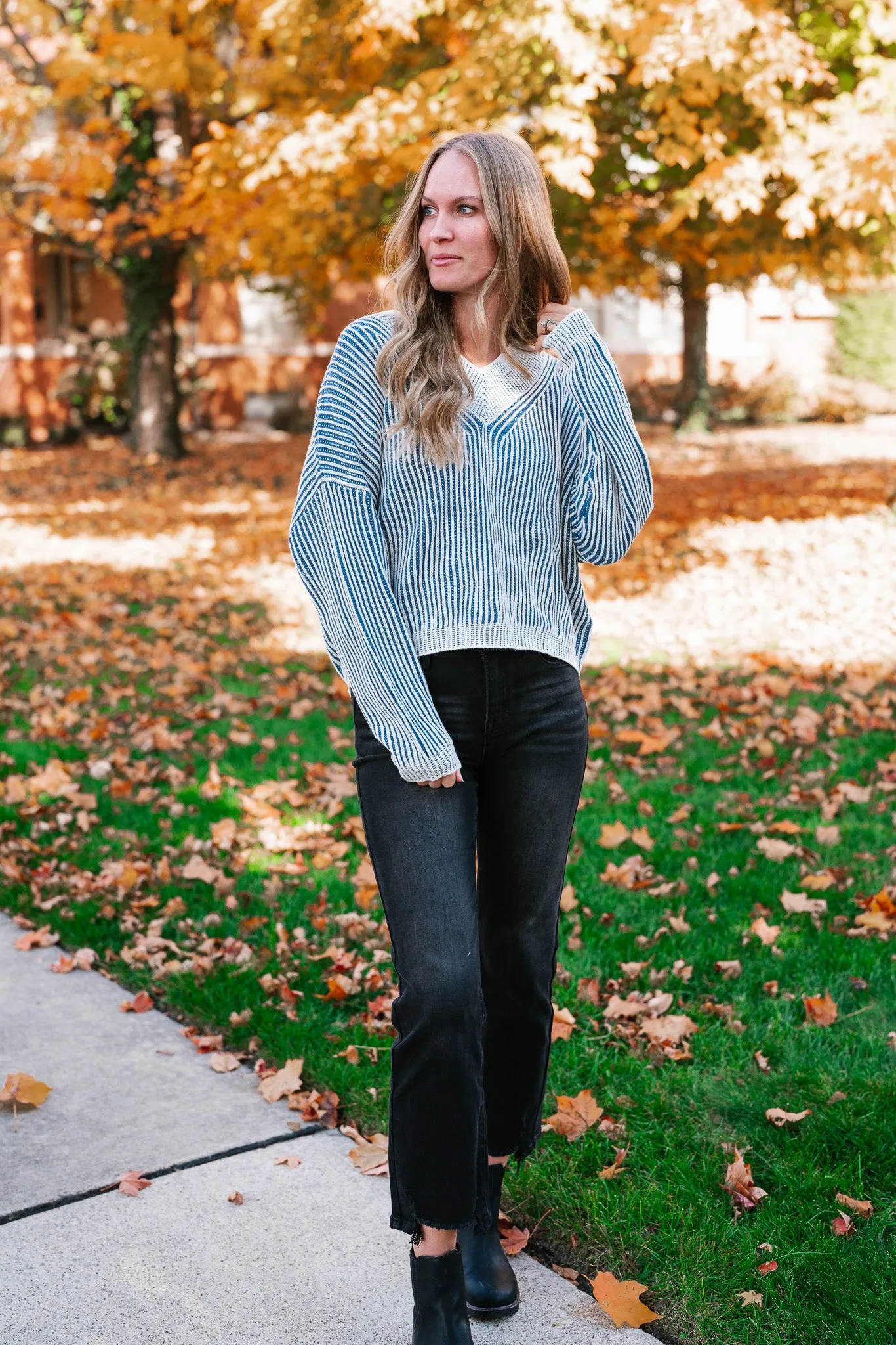 In Between V-Neck Knit Striped Sweater - Blue