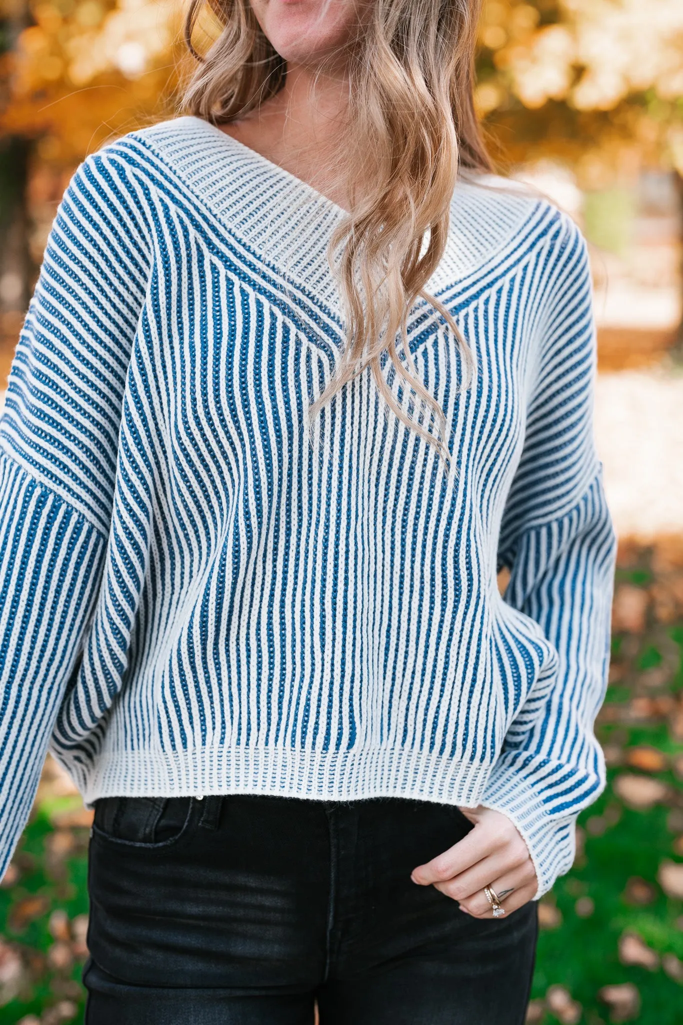 In Between V-Neck Knit Striped Sweater - Blue