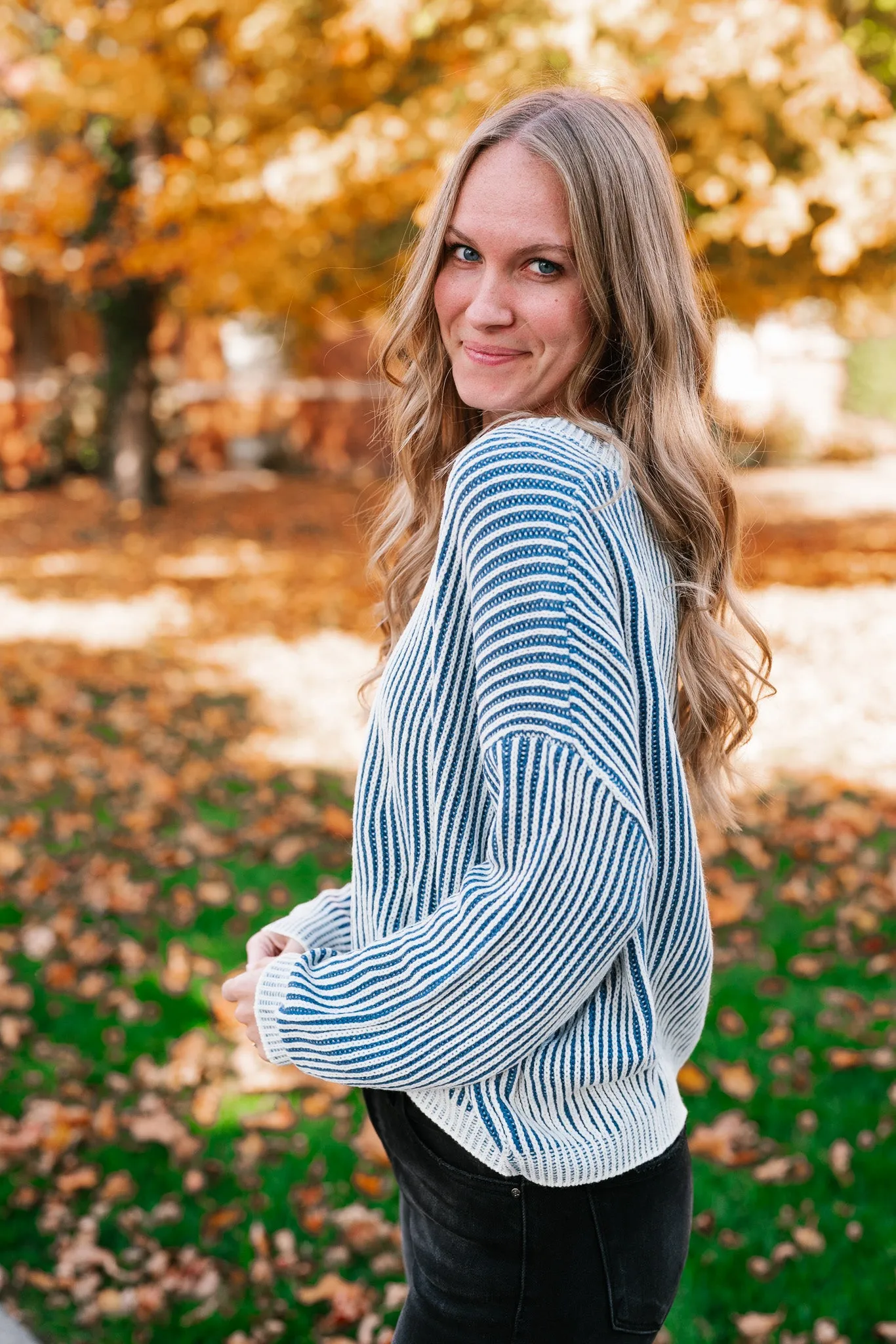 In Between V-Neck Knit Striped Sweater - Blue