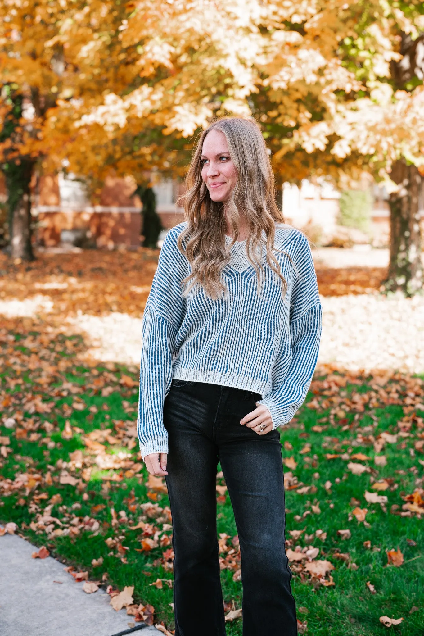 In Between V-Neck Knit Striped Sweater - Blue