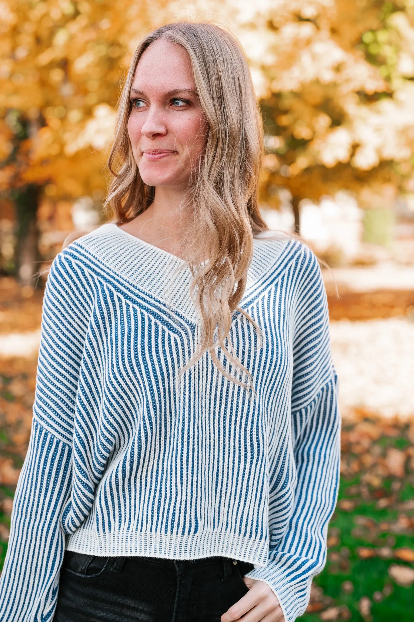 In Between V-Neck Knit Striped Sweater - Blue