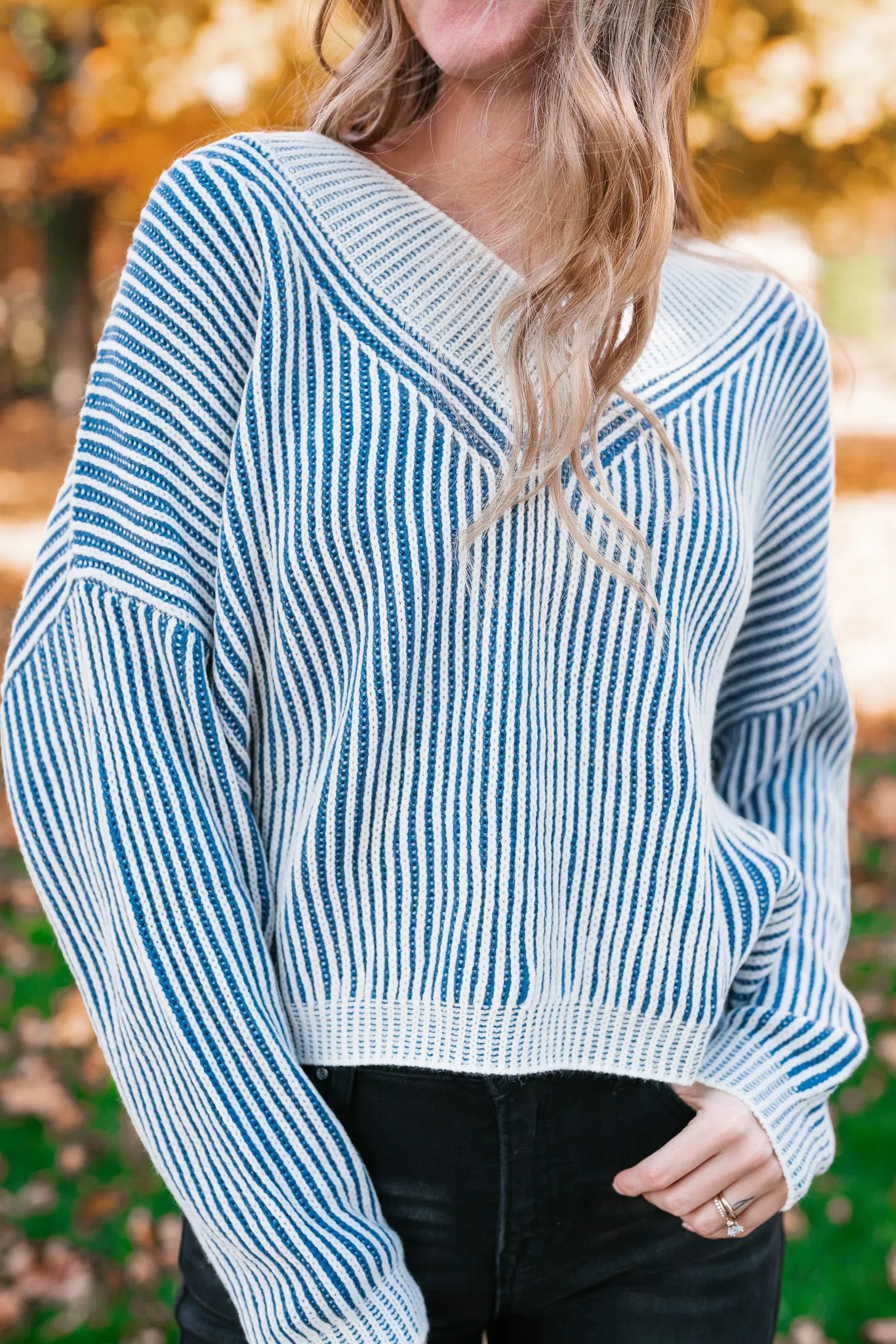 In Between V-Neck Knit Striped Sweater - Blue