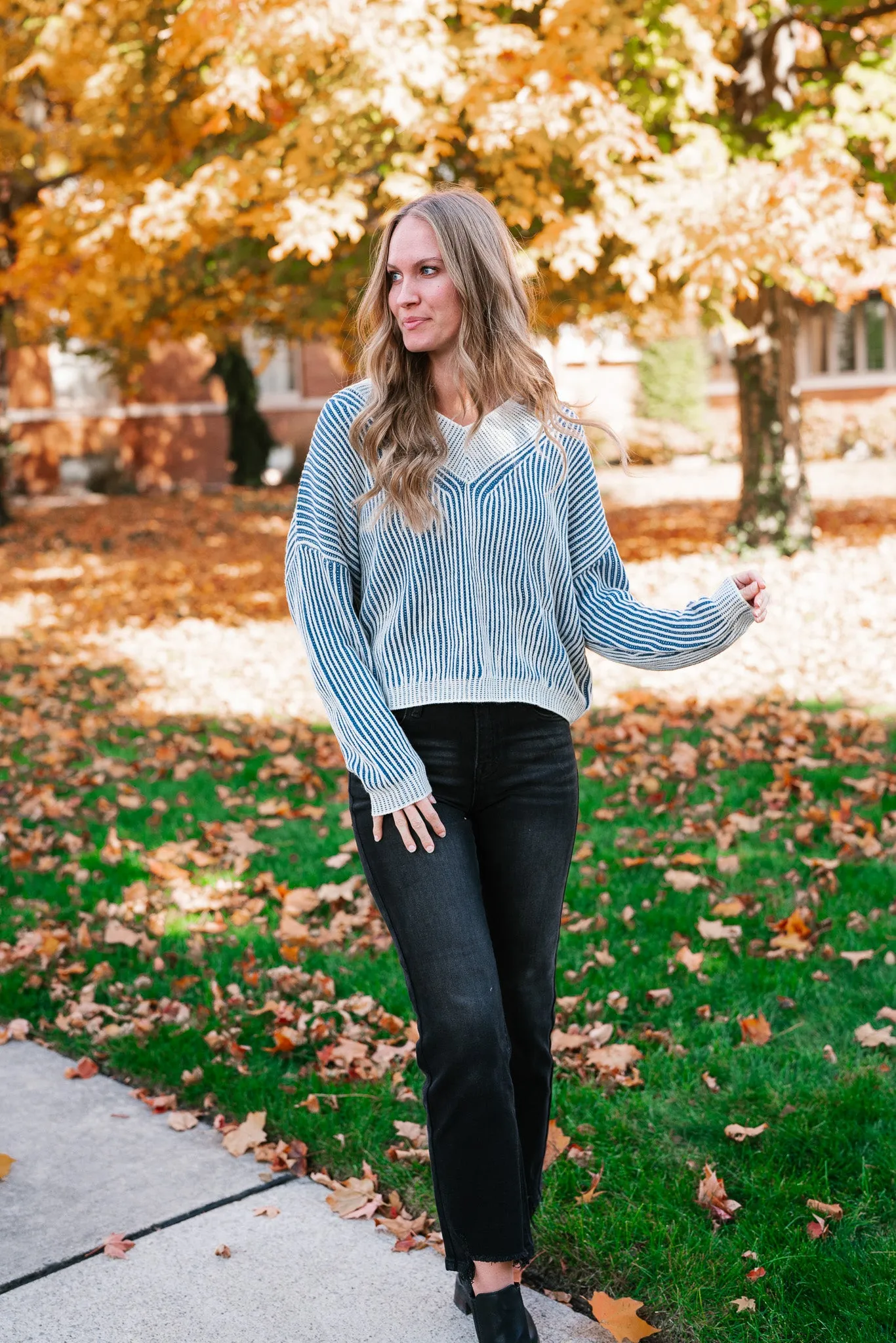 In Between V-Neck Knit Striped Sweater - Blue
