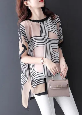 Khaki Print Side Open T Shirts O Neck Summer OP1019