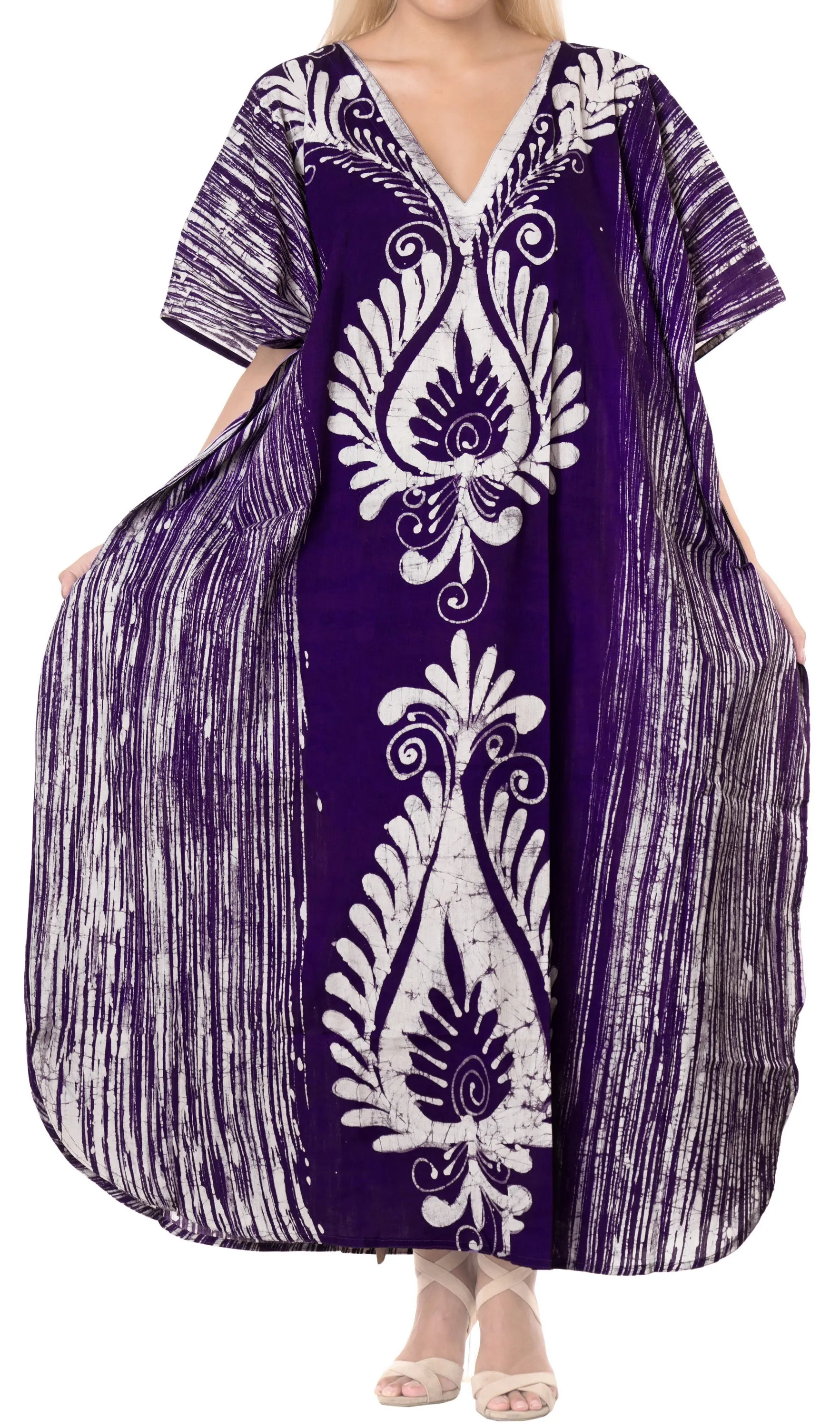 LA LEELA Cotton Batik Printed Women's Kaftan Kimono Summer Beachwear Cover up Dress OSFM 14-18W [L- 2X] Violet_B248