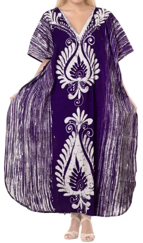 LA LEELA Cotton Batik Printed Women's Kaftan Kimono Summer Beachwear Cover up Dress OSFM 14-18W [L- 2X] Violet_B248