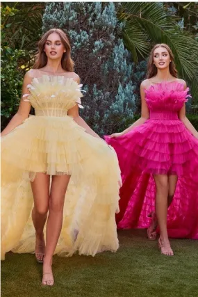 Light Yellow High Low Ruffled Tulle Gown With Feather Details