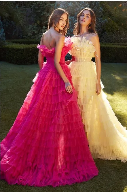 Light Yellow High Low Ruffled Tulle Gown With Feather Details