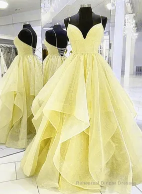 Light Yellow Tulle Straps Long Prom Gown, Lace-Up Tulle Evening Dresses
