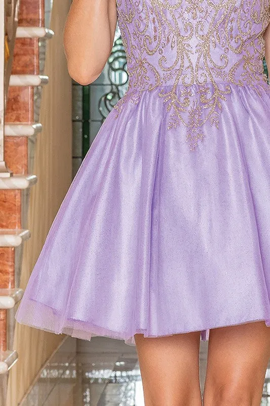 Lilac Golden Embroidery Sweetheart Short Dress
