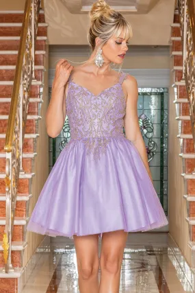 Lilac Golden Embroidery Sweetheart Short Dress