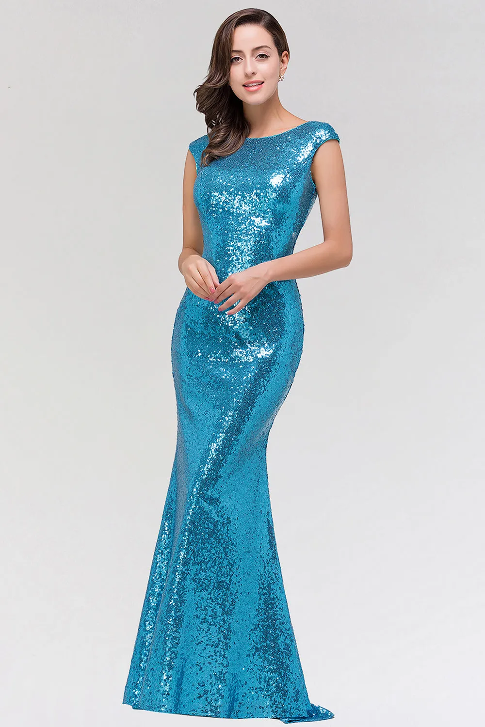 Long Mermaid Sequined Scoop Sleeveless Backless Bridesmaid Dress