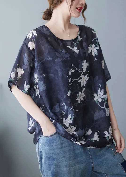 Loose Navy O Neck Print Linen T Shirts Summer JH020