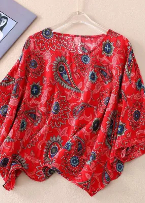 Loose Red O Neck Print Patchwork Cotton T Shirts Batwing Sleeve LY8279