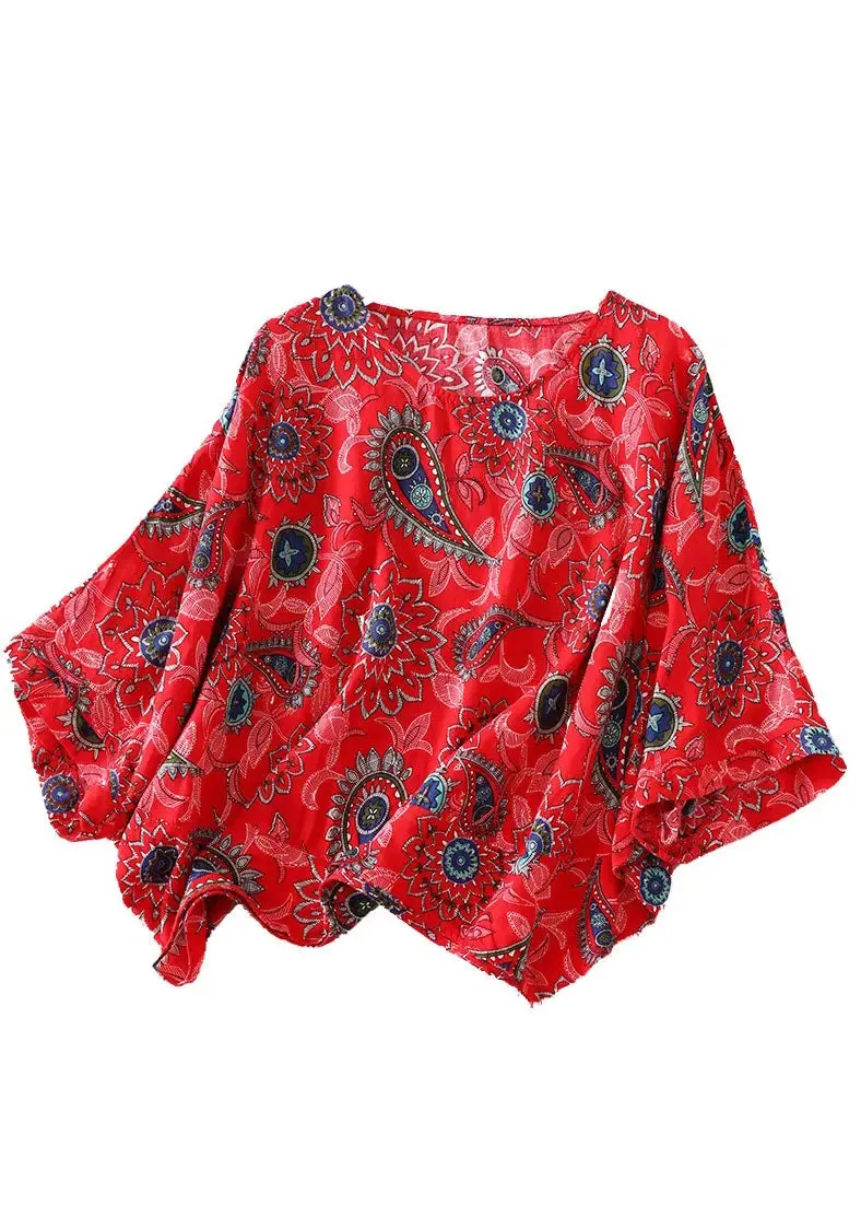Loose Red O Neck Print Patchwork Cotton T Shirts Batwing Sleeve LY8279