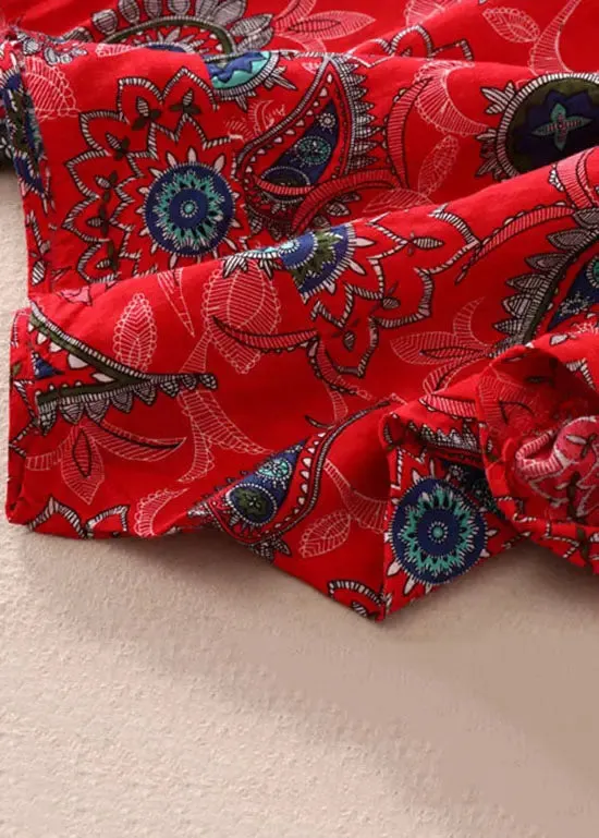 Loose Red O Neck Print Patchwork Cotton T Shirts Batwing Sleeve LY8279