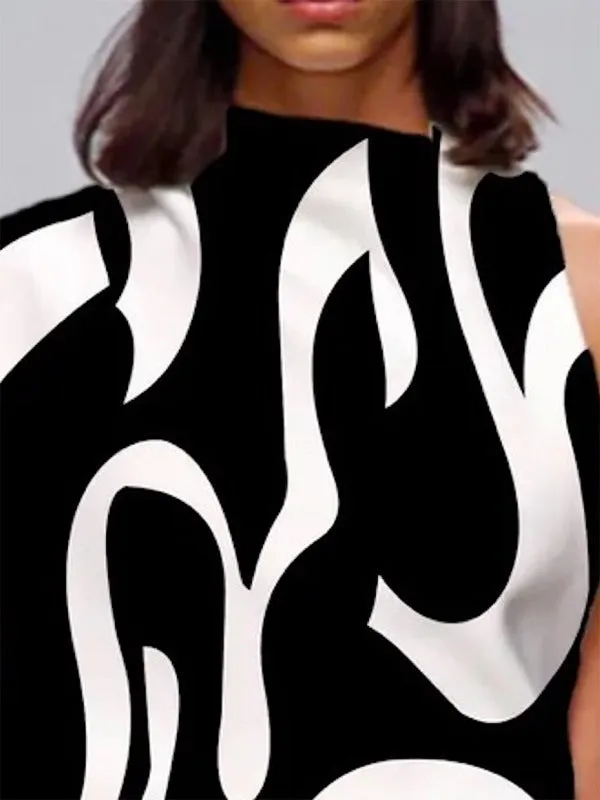 Loose Sleeveless Asymmetric Contrast Color Printed One-Shoulder T-Shirts Tops Loose Sleeveless Asymmetric Contrast Color Printed One-Shoulder T-Shirts Tops -  S