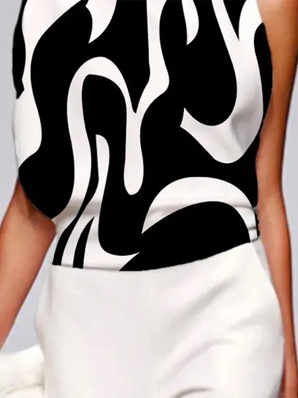 Loose Sleeveless Asymmetric Contrast Color Printed One-Shoulder T-Shirts Tops Loose Sleeveless Asymmetric Contrast Color Printed One-Shoulder T-Shirts Tops -  S