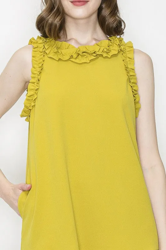 Mustard Ruffled Sleeve Flounce Hem Crewneck Mini Dress