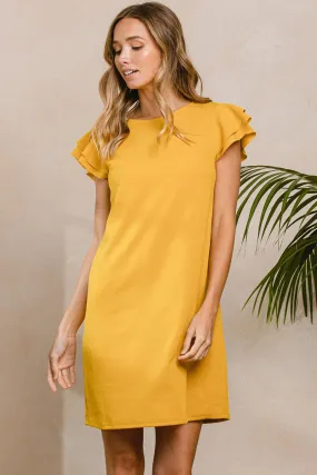New Mustard Ruffle Sleeves Solid Tunic Dress
