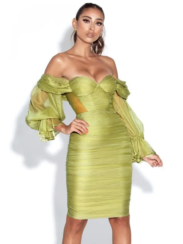 Olive Silk Pleated Off Shoulder Balloon Sleeves Dress