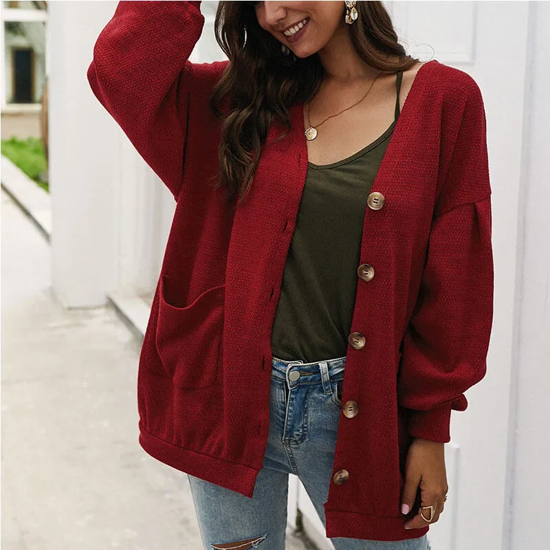 Oversized V Neck Pockets Button Up Cardigan