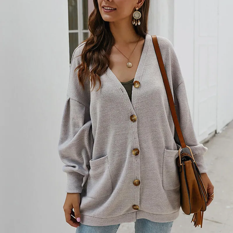 Oversized V Neck Pockets Button Up Cardigan