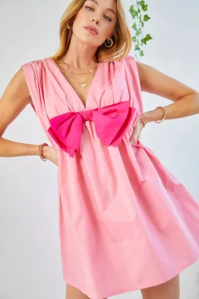 Pink Colorblocked Ribbon Detail Poplin Romper Dress