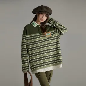 Polo Neck Loose Stripe T-Shirt