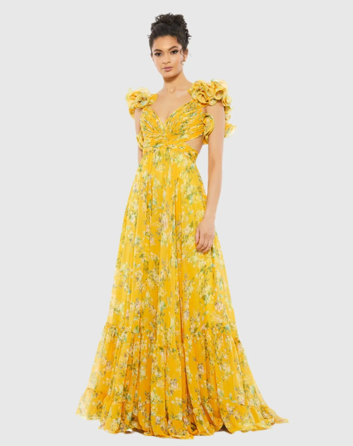 Ruffle tiered floral cut-out chiffon gown - Pink Multi