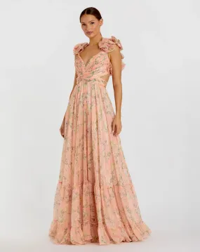 Ruffle tiered floral cut-out chiffon gown - Pink Multi