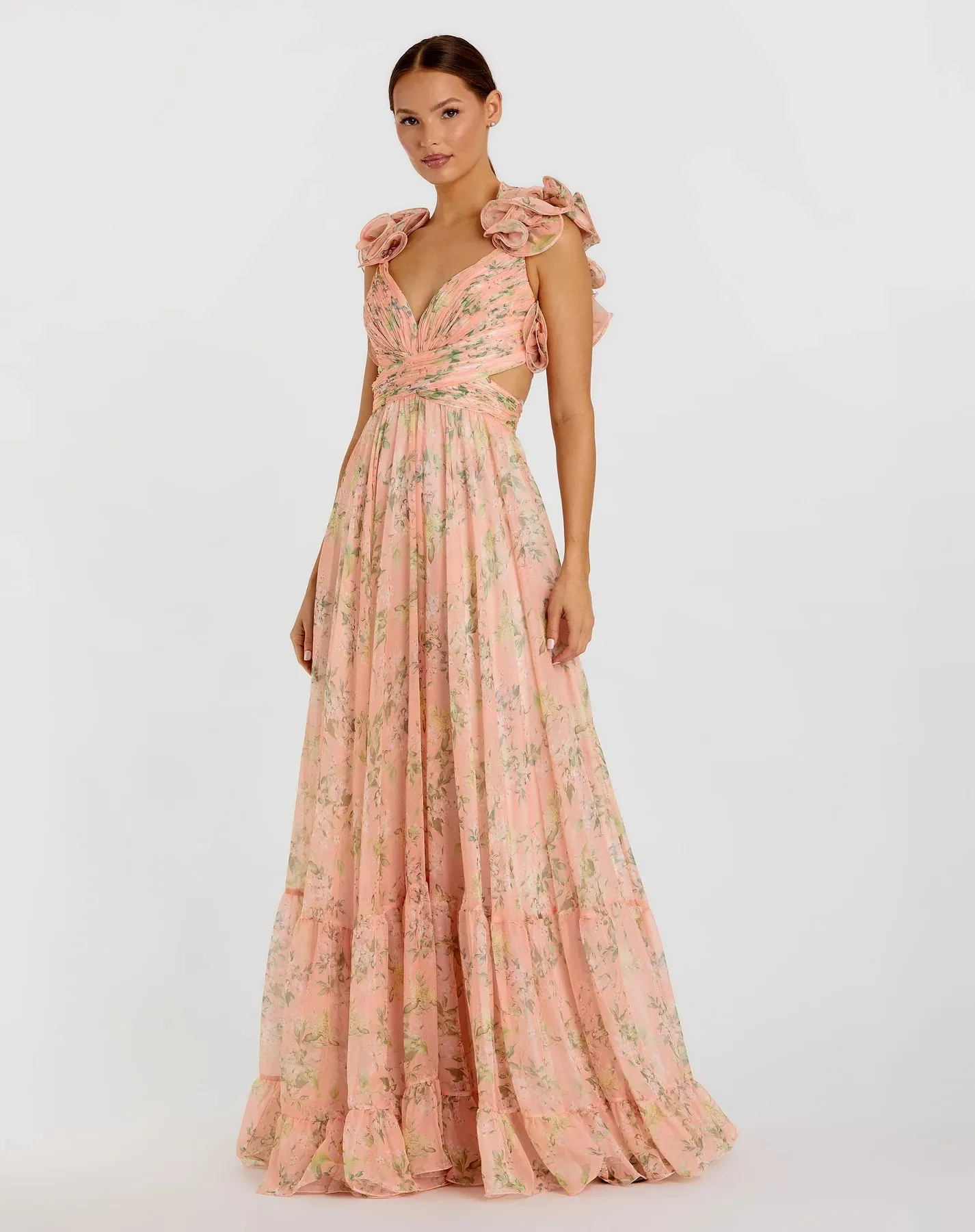 Ruffle tiered floral cut-out chiffon gown - Pink Multi