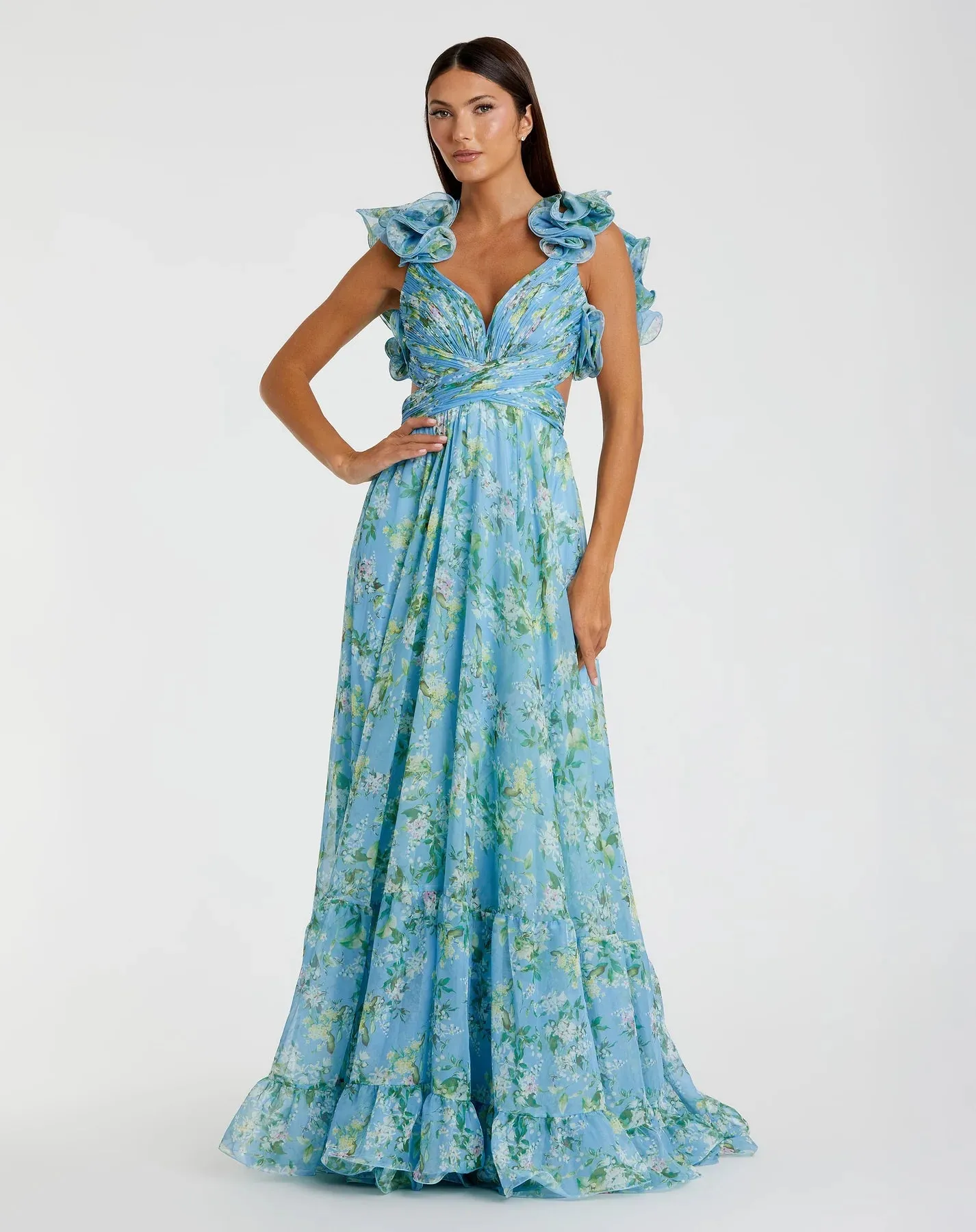 Ruffle tiered floral cut-out chiffon gown - Pink Multi