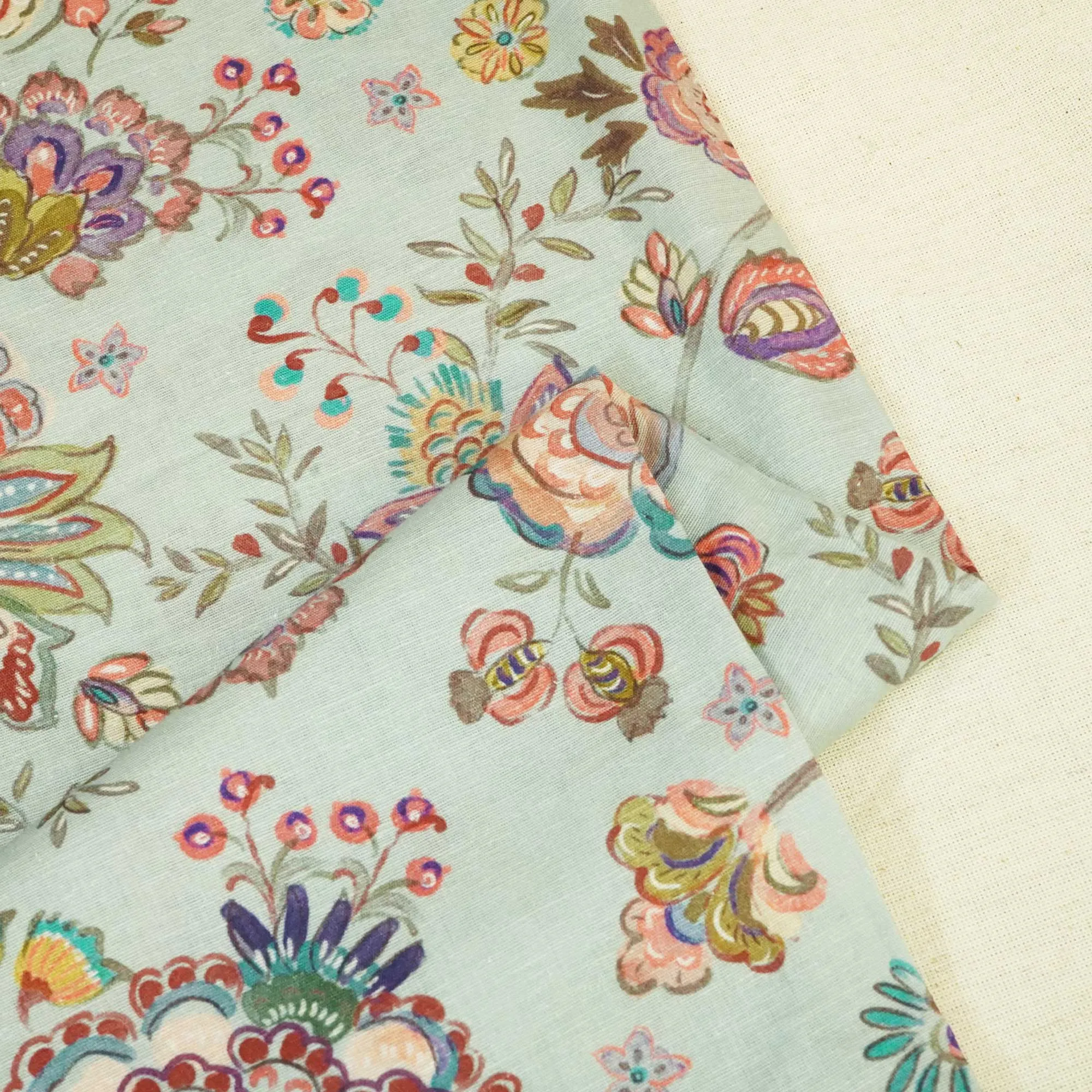 Sea Green Floral Print Linen Fabric RM-24622