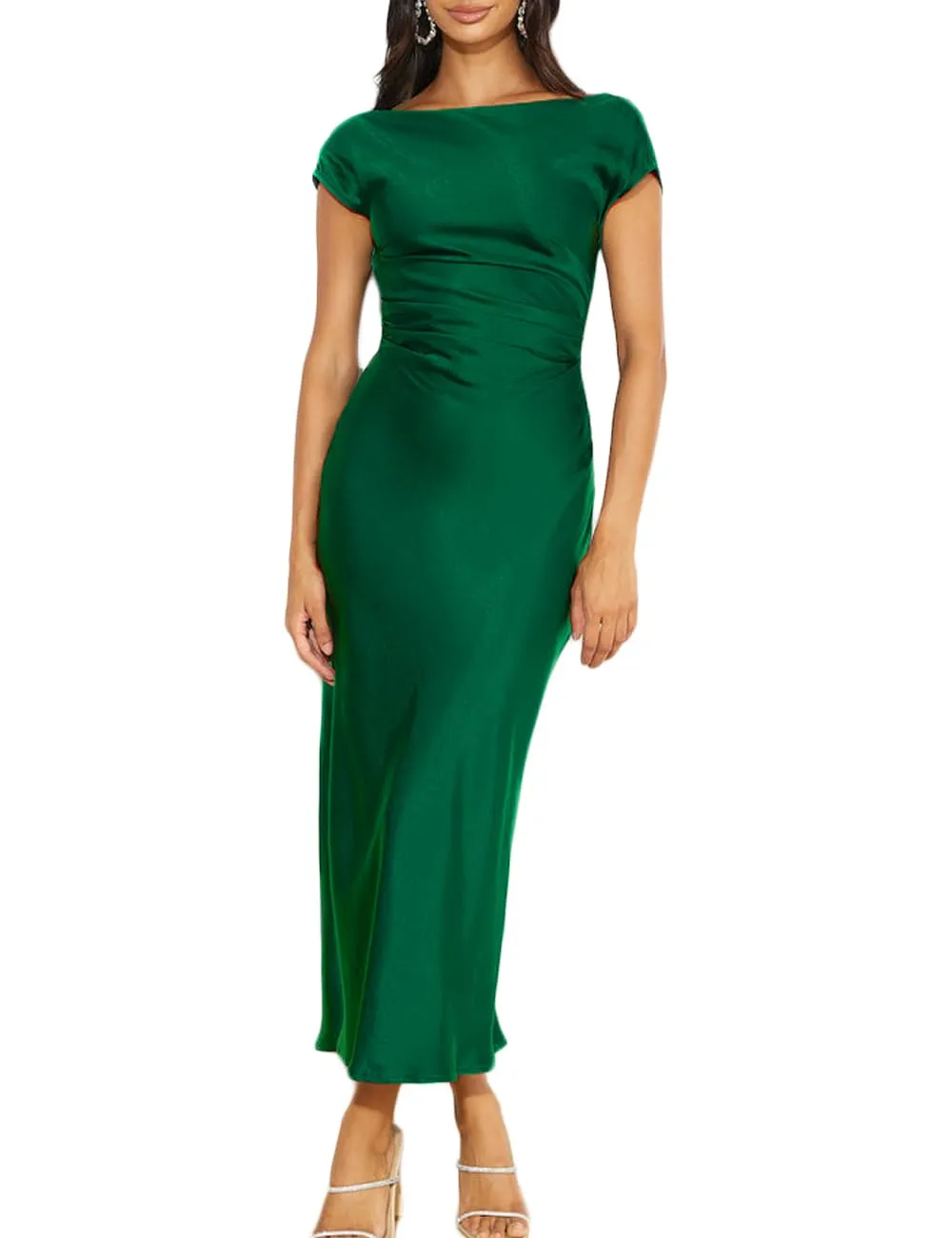 Sheath Elegant Cap Sleeve Cowl Back Ruched Waist Satin formal dresses Bridesmaid Dresses evening gown Prom Dress