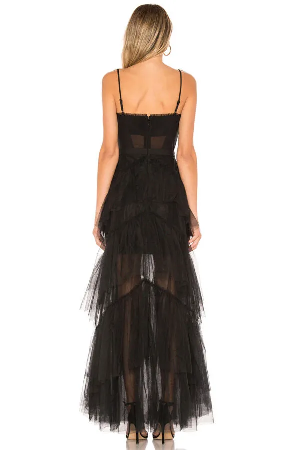 Spaghetti Ruffled Black Prom Dresses,Tulle Prom Dresses, Chic Long Prom Dresses, Formal Dresses