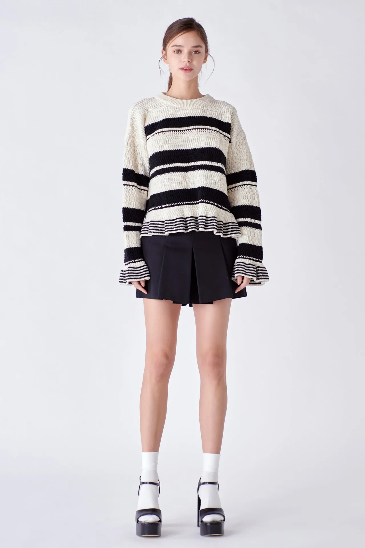Striped Knit Sweater With Ruffles