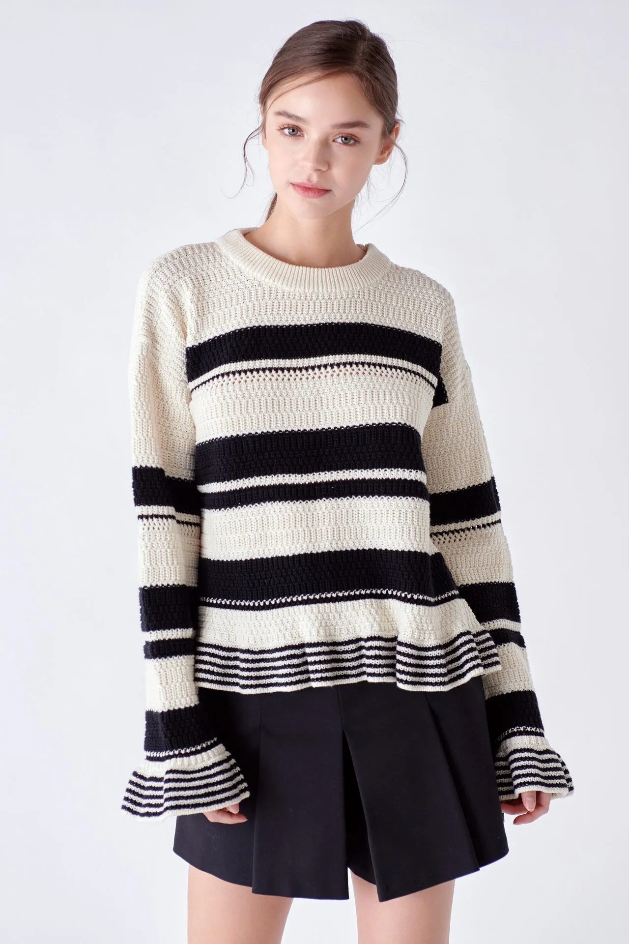 Striped Knit Sweater With Ruffles