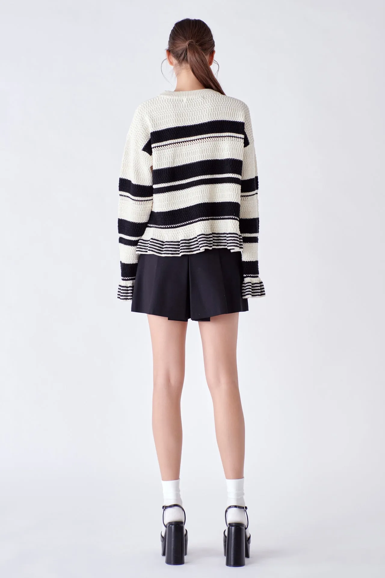 Striped Knit Sweater With Ruffles