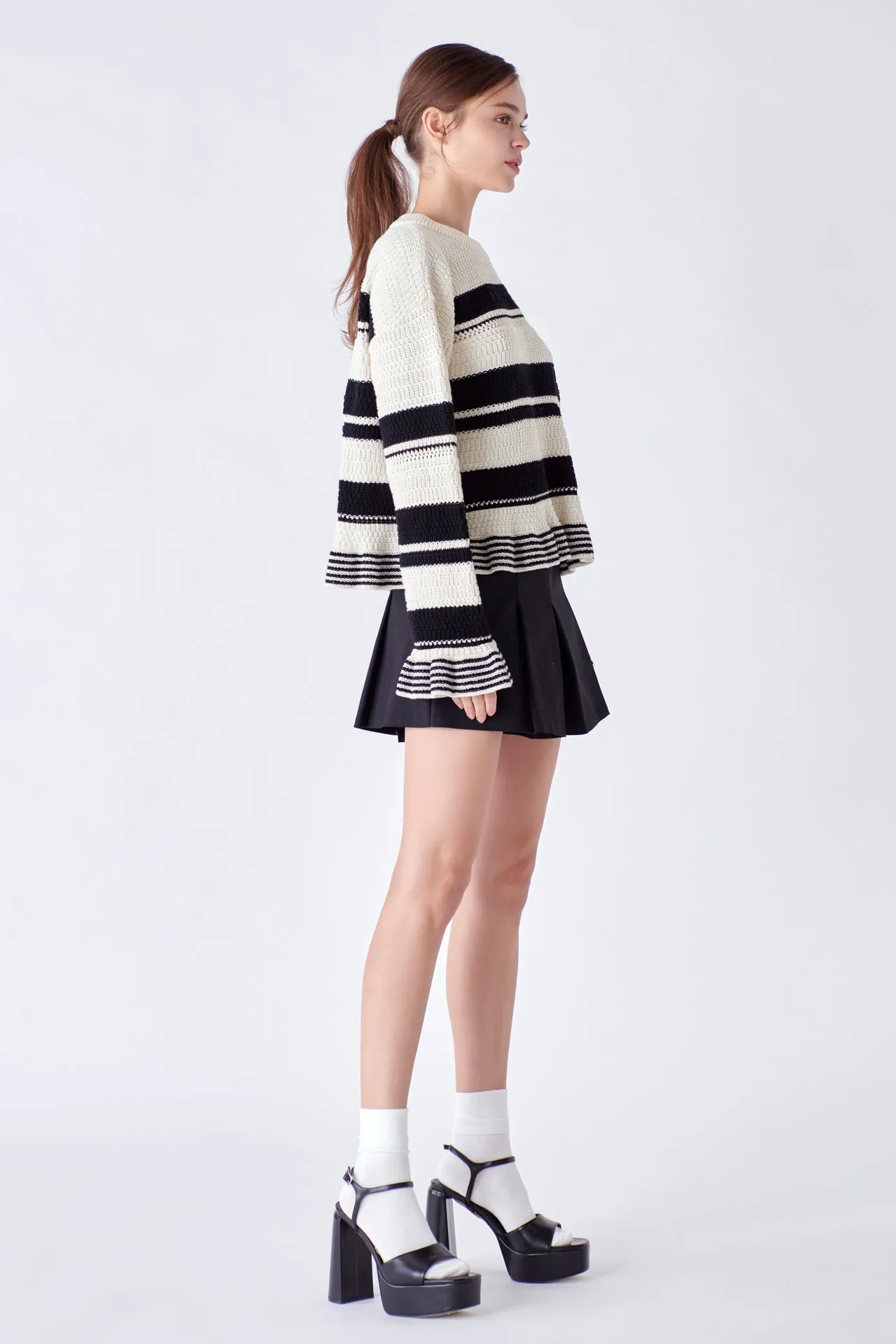Striped Knit Sweater With Ruffles
