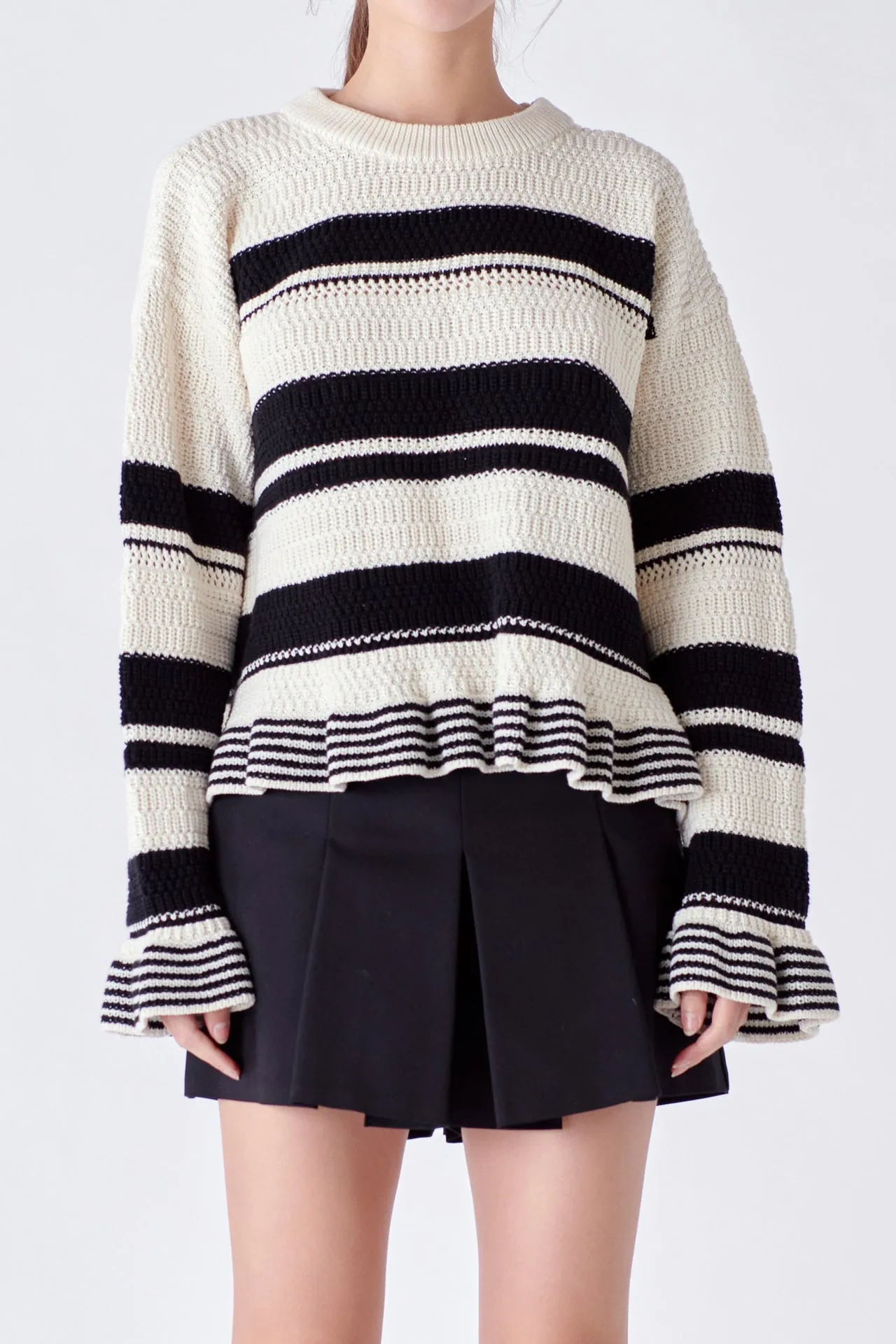 Striped Knit Sweater With Ruffles