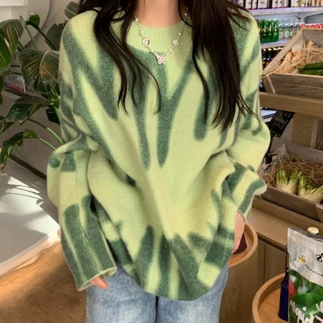 Tie-dye knitted Printed Sweaters | Green Striped Oversized Pullovers | Loose Long Sweaters | Crew Neck Striped Sweater | Streetwear Sweater