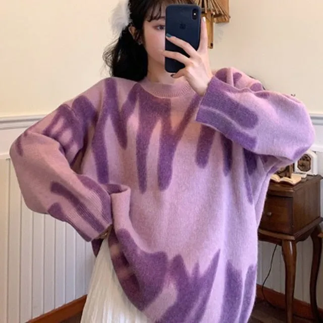 Tie-dye knitted Printed Sweaters | Green Striped Oversized Pullovers | Loose Long Sweaters | Crew Neck Striped Sweater | Streetwear Sweater